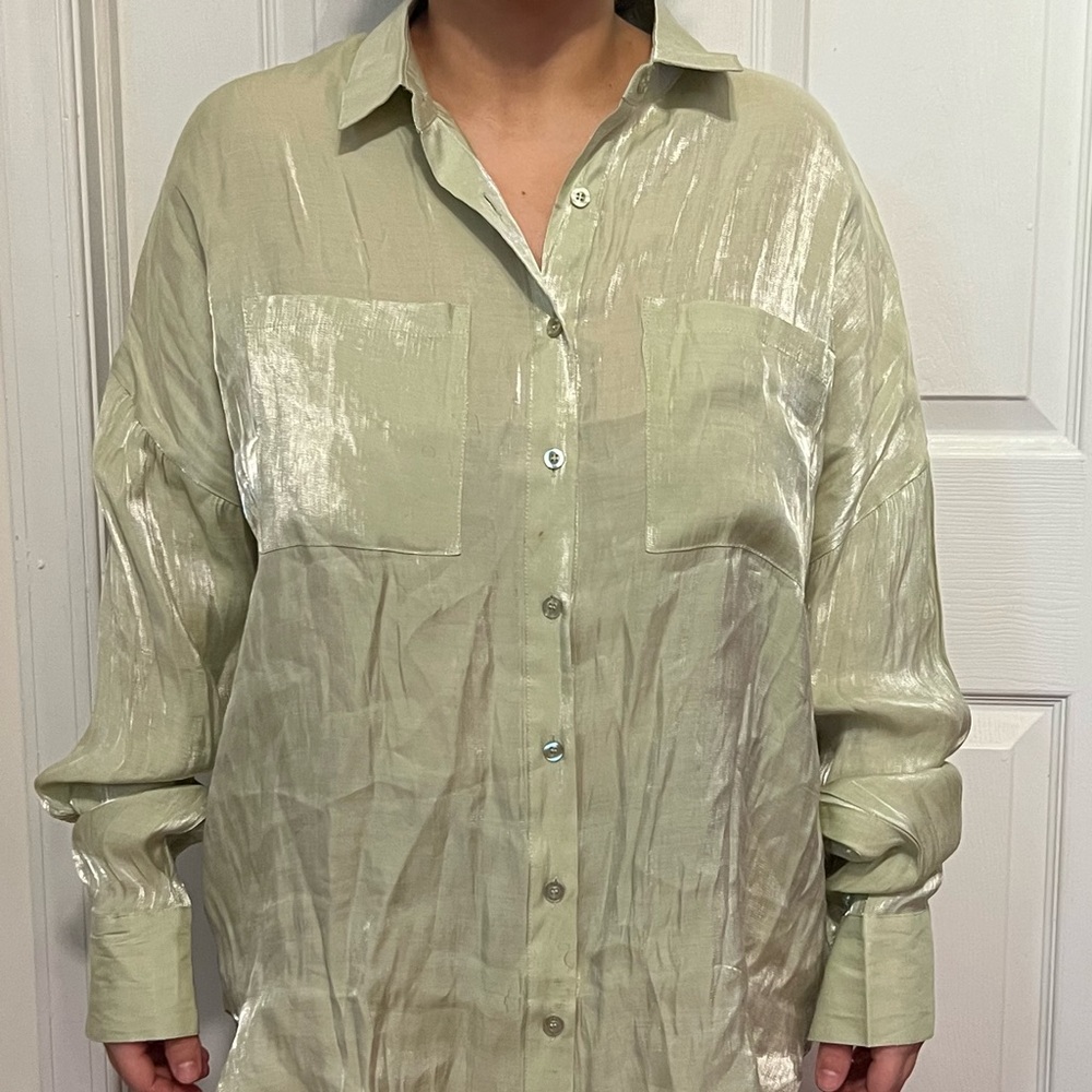 Nasty Gal Shiny Green Button Down
